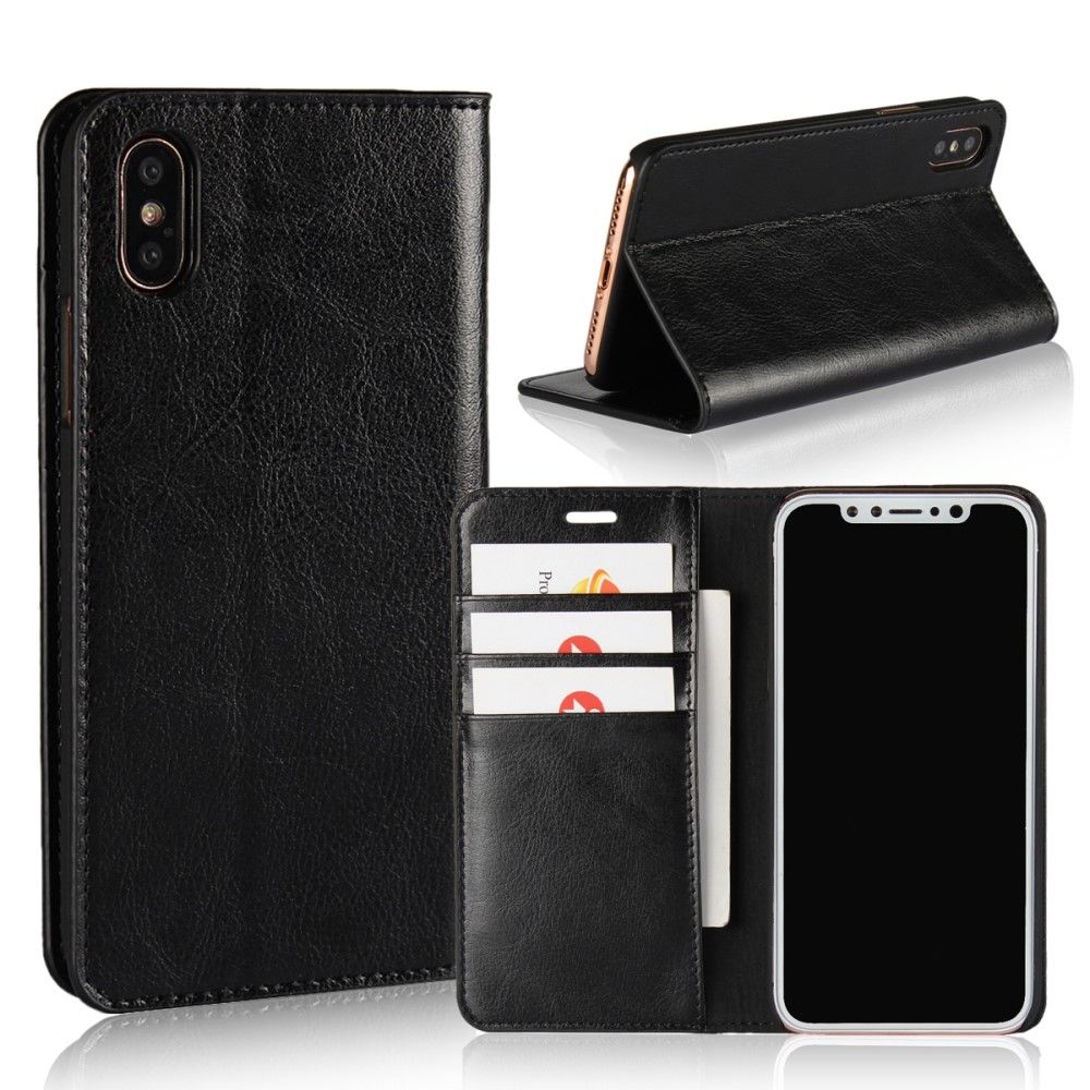 iPhone X/XS - Ægte læder cover Crazy Horse - Sort