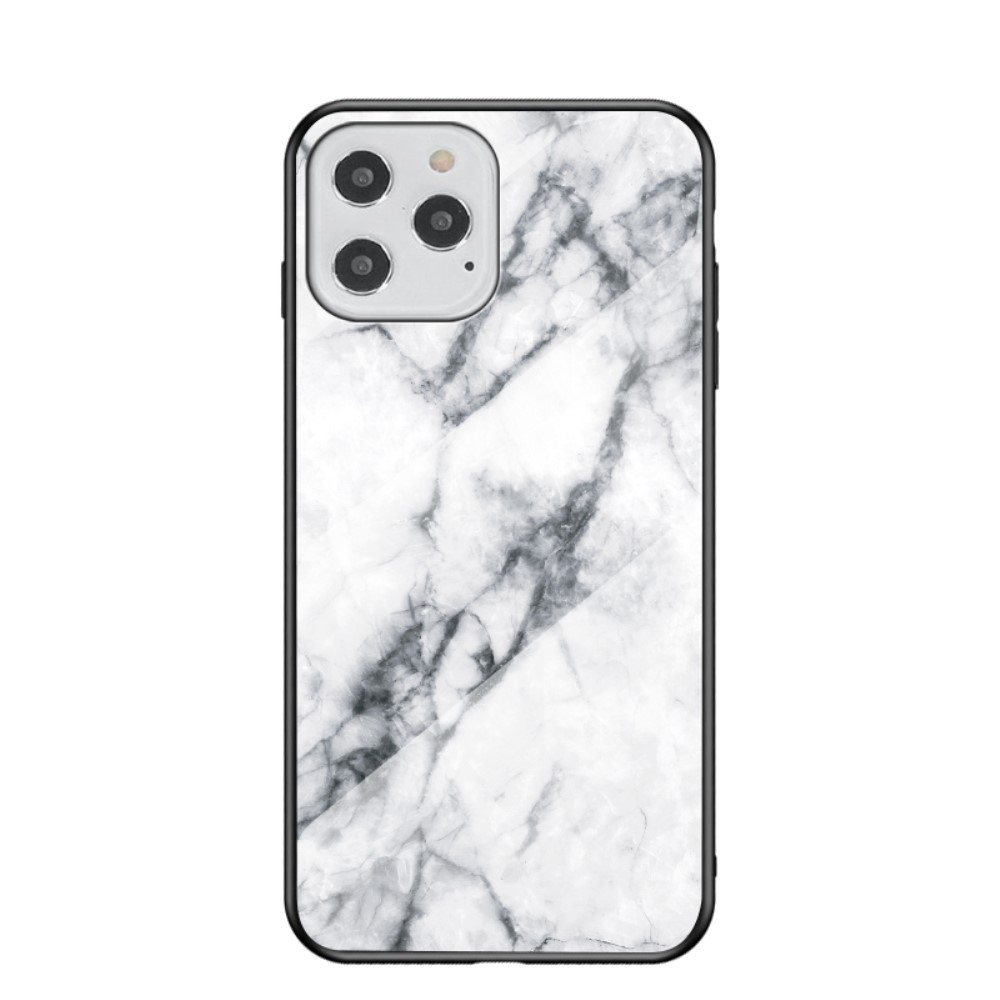 iPhone 12 / 12 Pro - Hybrid cover med bagside af hærdet glas - Marmor Design - Hvid