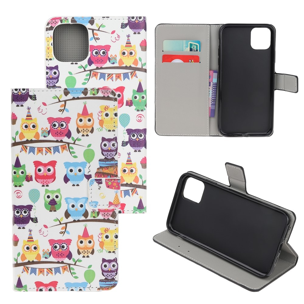 iPhone 12 Pro - Læder cover / pung med Printet Design - Farverige ugler