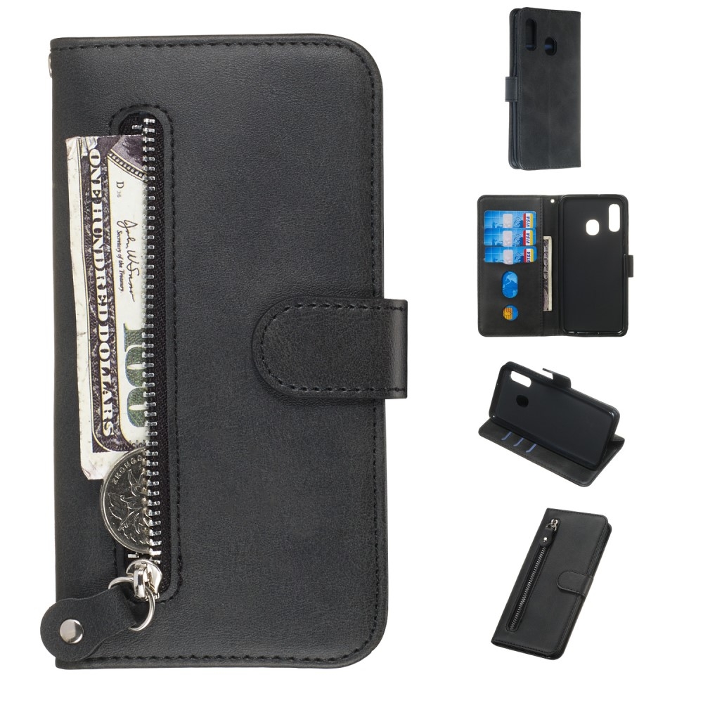 Samsung Galaxy A20E - Læder cover / pung med udvendig lomme - Sort