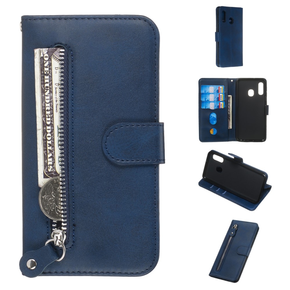 Samsung Galaxy A20E - Læder cover / pung med udvendig lomme - Blå
