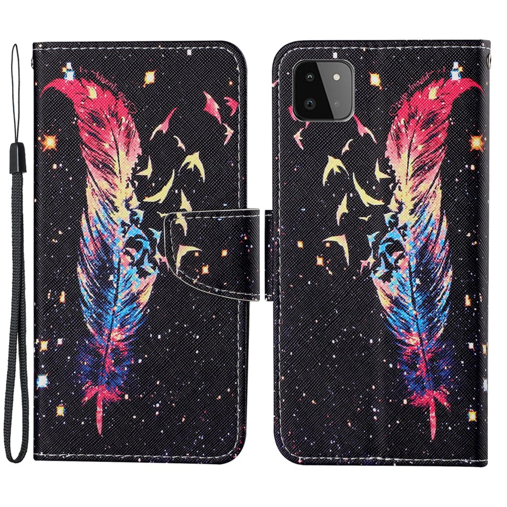 Samsung Galaxy A22 5G - Læder cover / pung - Printet design - Fjer