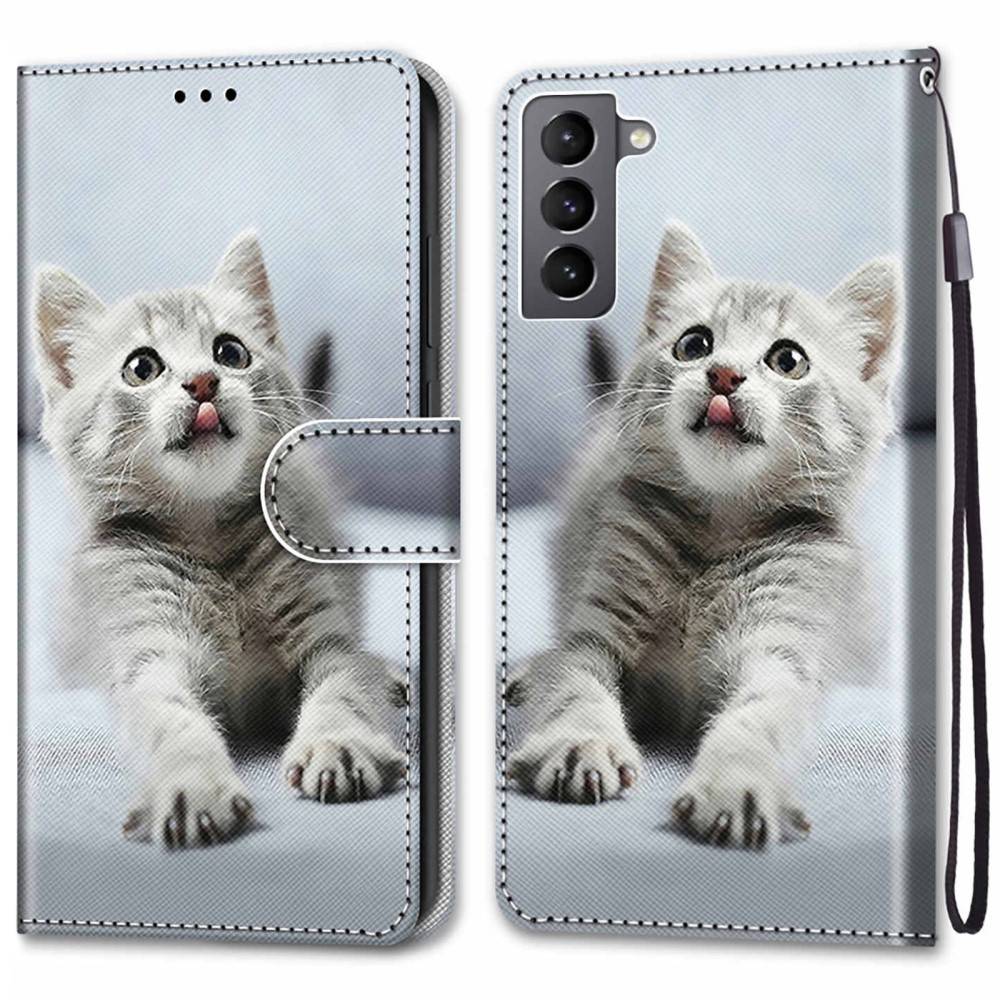 Samsung Galaxy S22 5G - Læder cover / pung - Printet design - Grå kat