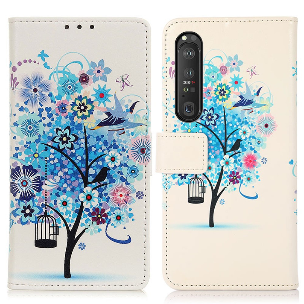 Sony Xperia 1 III - Læder cover / pung - Printet design - Blåt træ