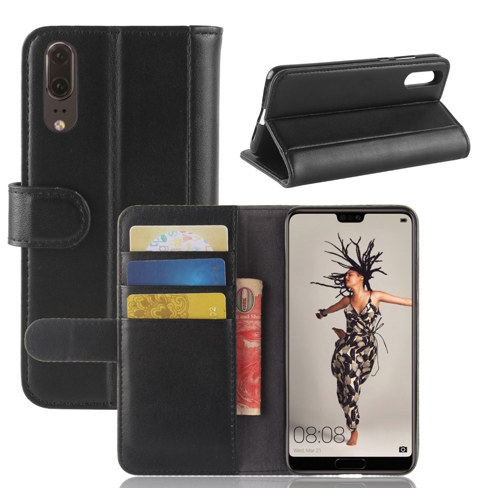 Huawei P20 - Ægte læder cover / pung - Sort
