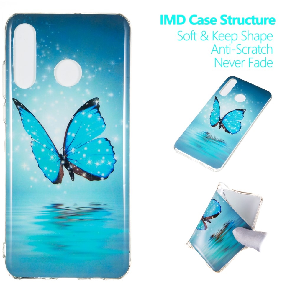 Huawei P30 Lite / P30 Lite New Edition - Selvlysende gummi cover med print - Blå sommerfugl