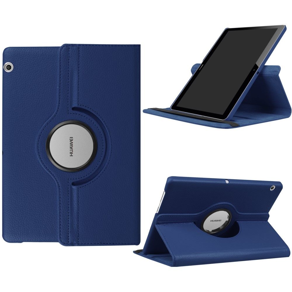 Huawei MediaPad T3 10 - Pu læder cover Litchi skin roterbart - Mørkeblå