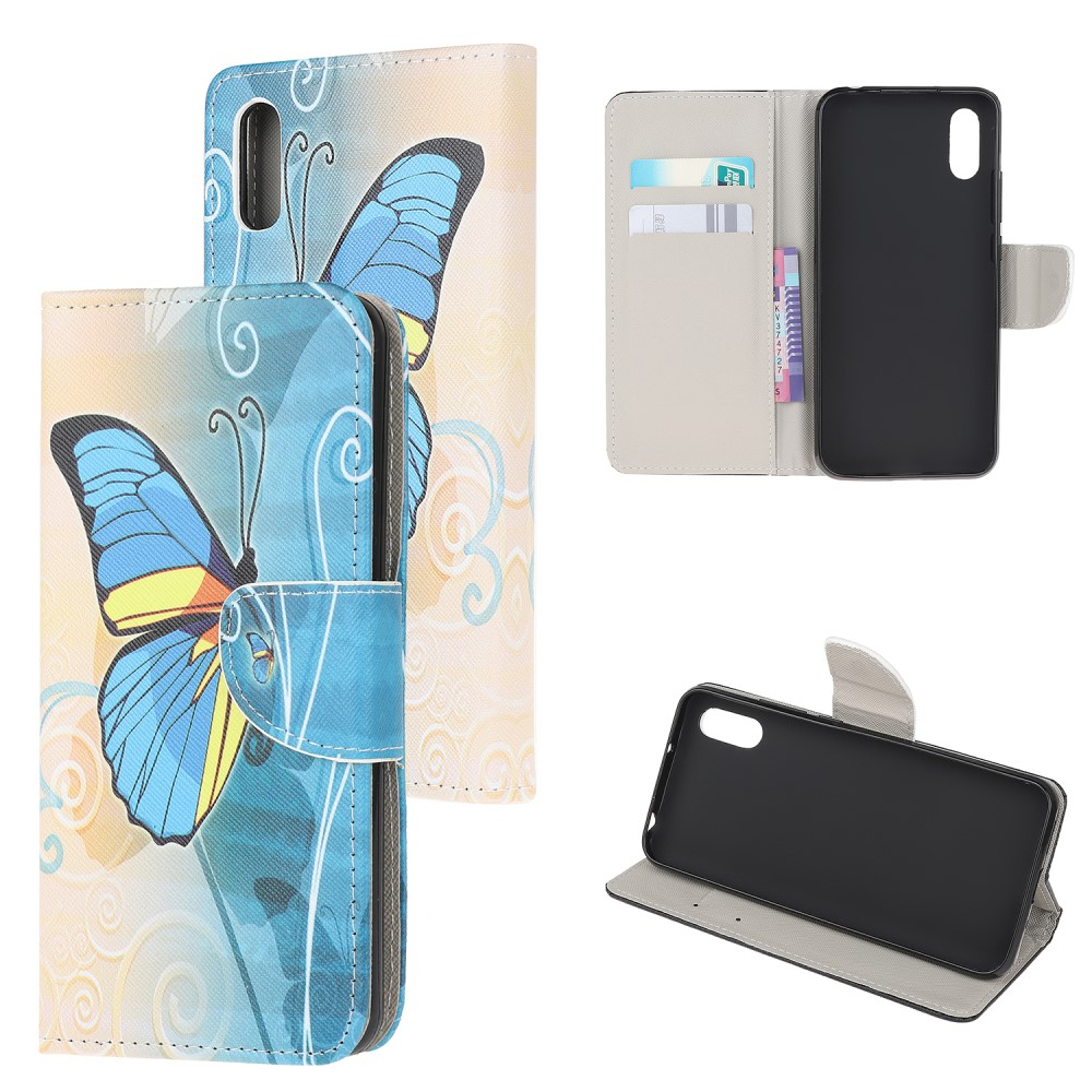Xiaomi Redmi 9A - Læder cover / pung - Printet Design - Blå sommerfugl