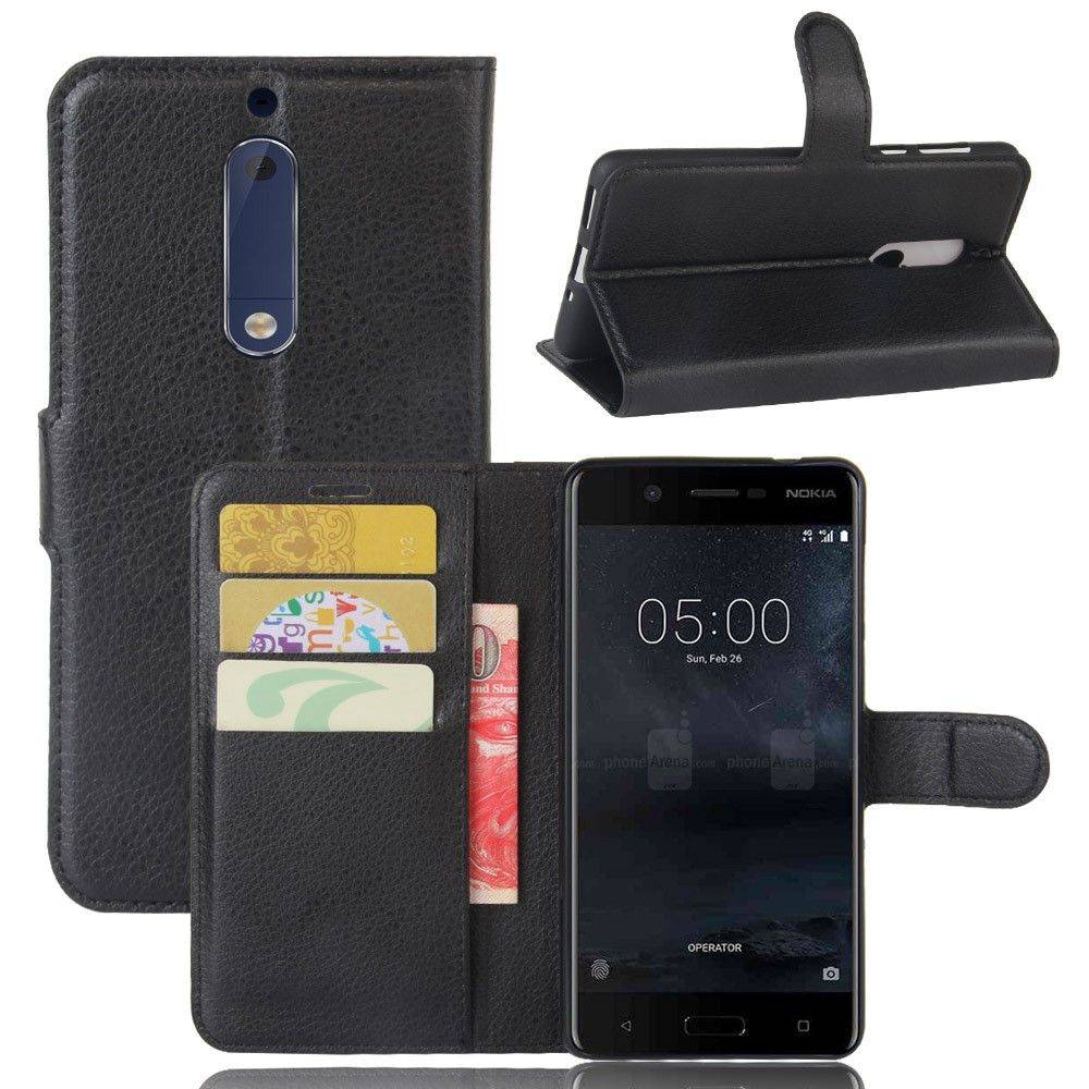 Nokia 5 - læder cover / pung - Sort