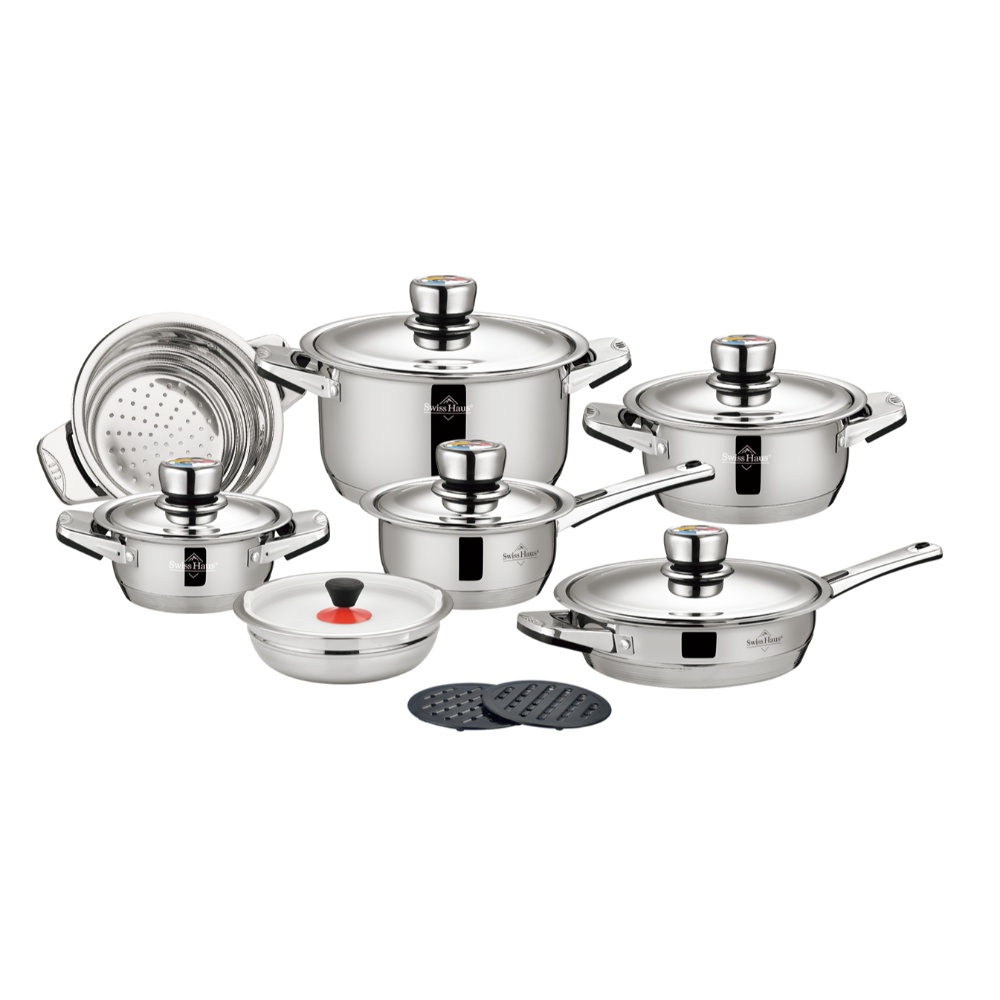 Swiss Haus - Grydesæt med metallåg i 16 dele - Alle typer komfur - Rustfrit stål - Z. Glacier Collection
