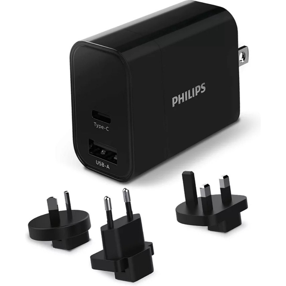Philips Dual rejse PD oplader 30W - USB-C / USB-A / 4 forskellige stik - Sort