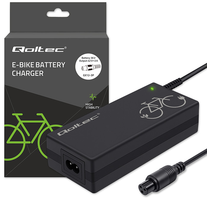 Qoltec 52619 Oplader til e-bike - 42V, 2A, GX12-3Pin, Vandtæt IP54