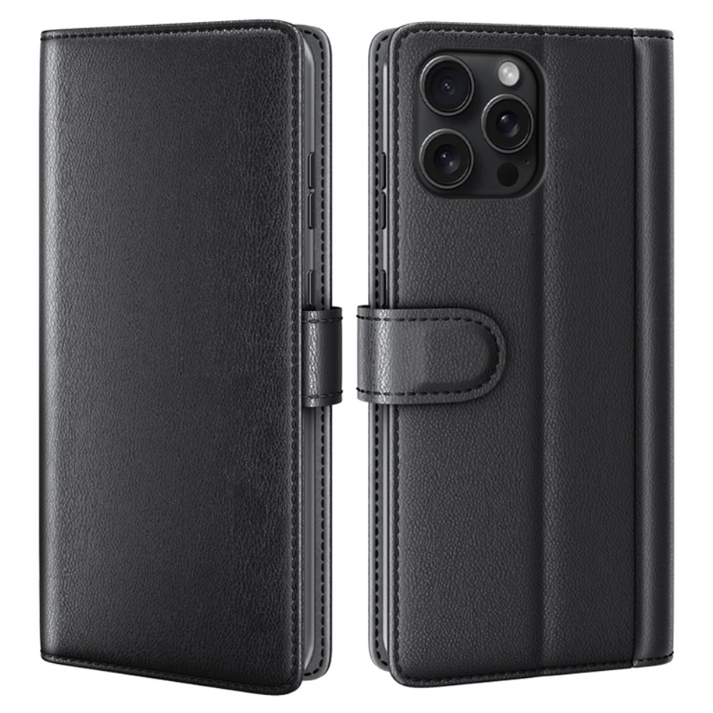 iPhone 16 Pro - Ægte læder cover / pung - Sort