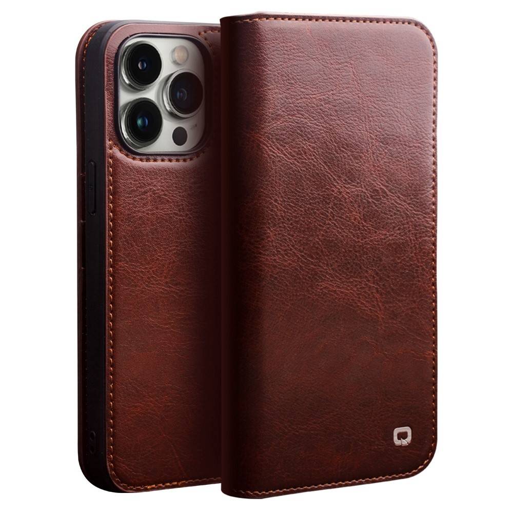 iPhone 14 Pro Max - QIALINO Classic ægte læder cover / pung - Brun