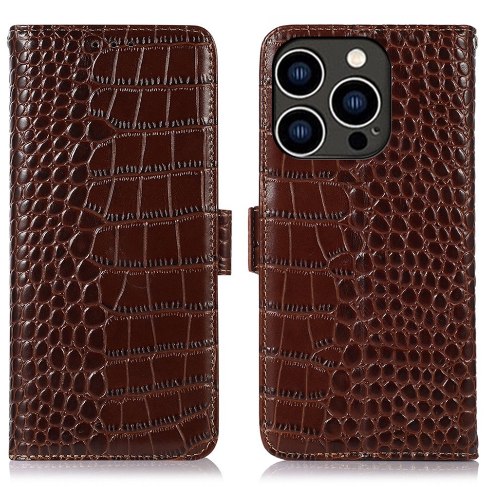 iPhone 16 Pro Max - RFID ægte læder cover - Krokodille look - Brun