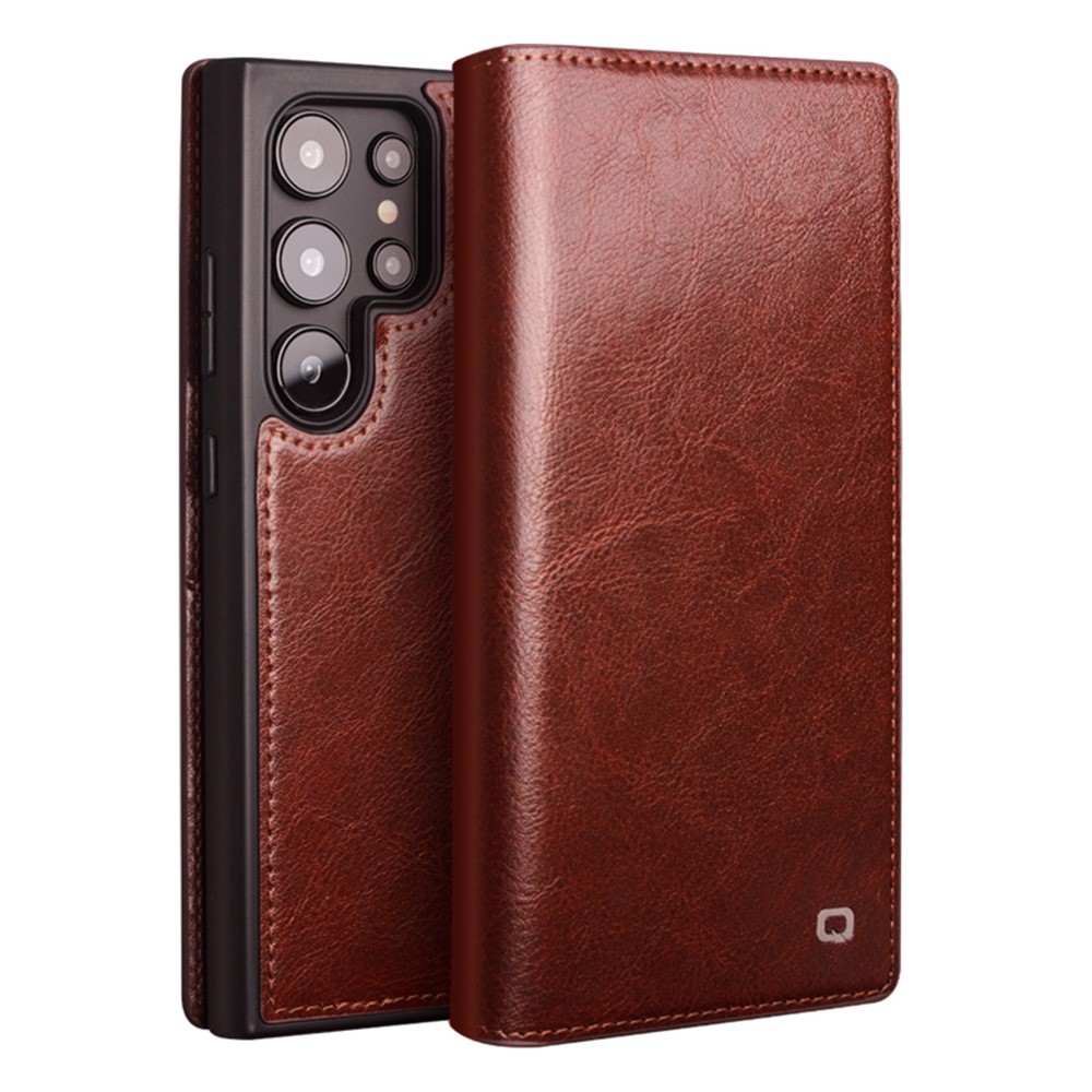 Samsung Galaxy S25 Ultra - QIALINO Classic ægte læder cover / pung - Brun