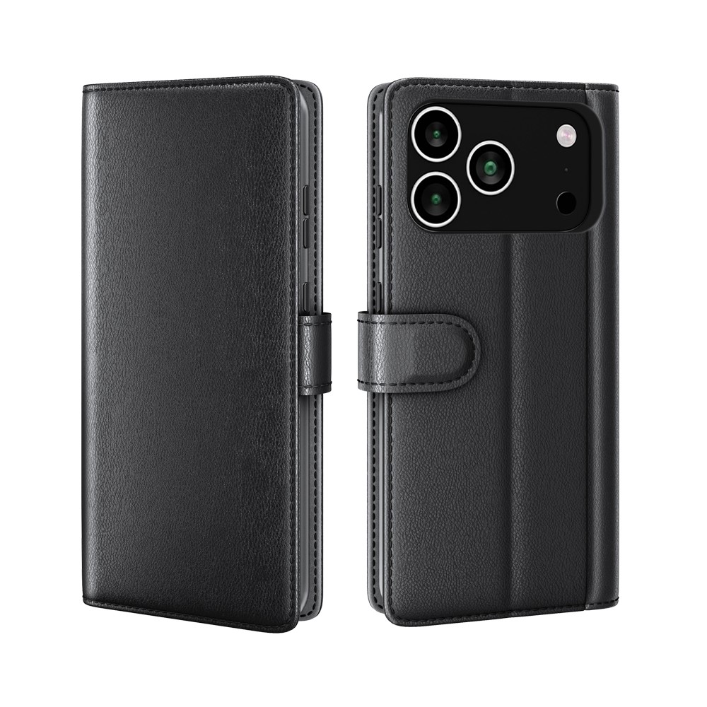 iPhone 17 Pro Max - Ægte læder cover / pung - Sort