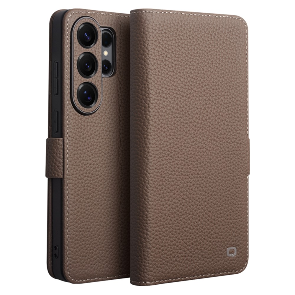 Samsung Galaxy S26 Ultra - Qialino ægte læder cover med magnetisk lukning - Brun