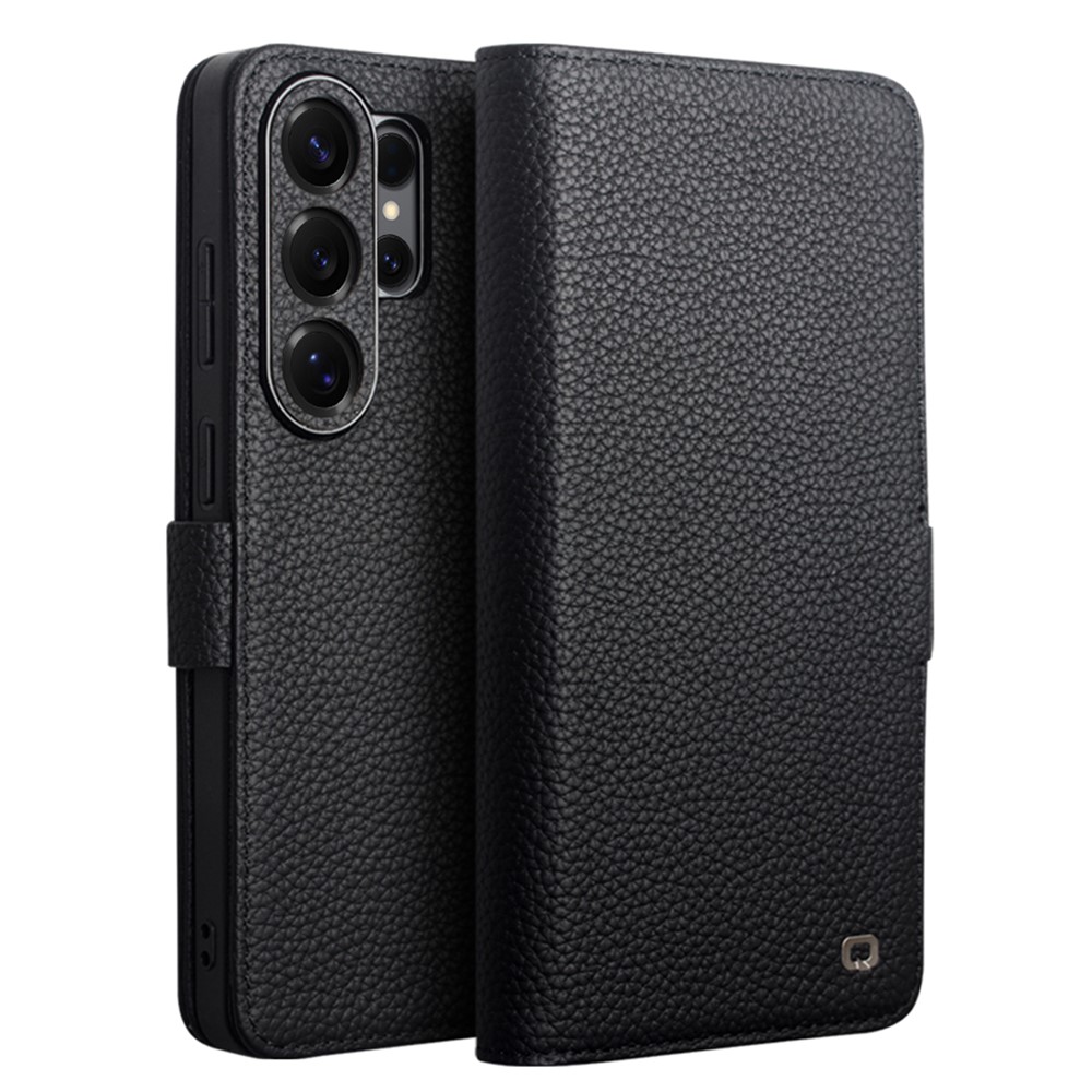 Samsung Galaxy S26 Ultra - Qialino ægte læder cover med magnetisk lukning - Sort