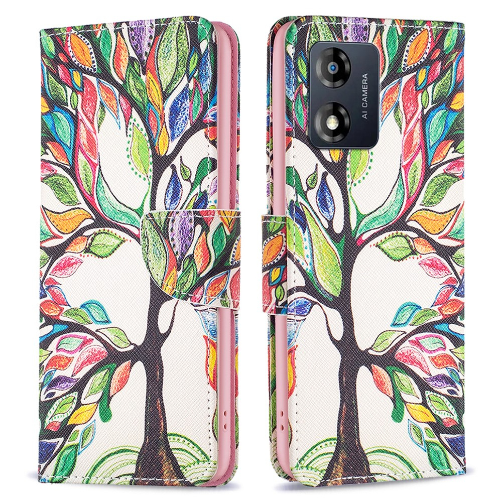 Motorola Moto E13 4G - Læder cover / pung - Printet design - Livets træ