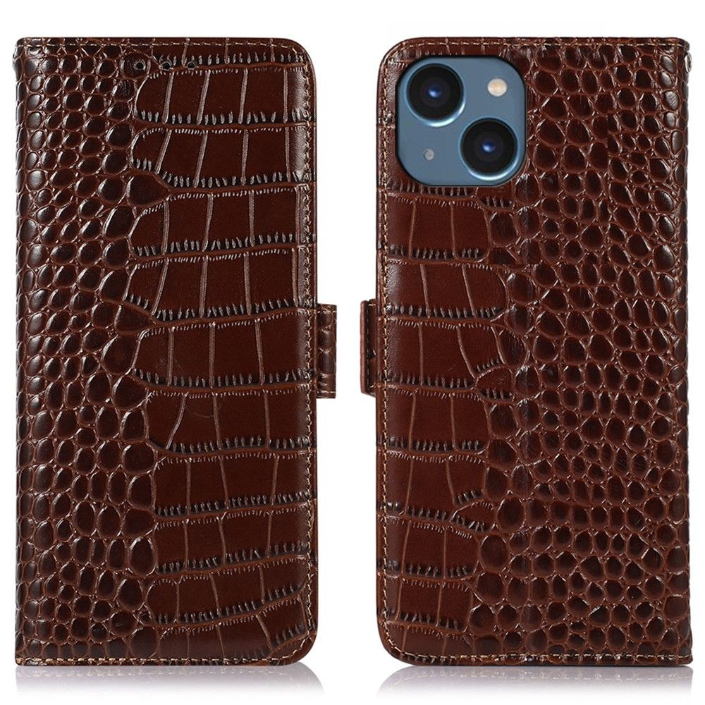 iPhone 15 Plus - RFID ægte læder cover - Krokodille design - Brun