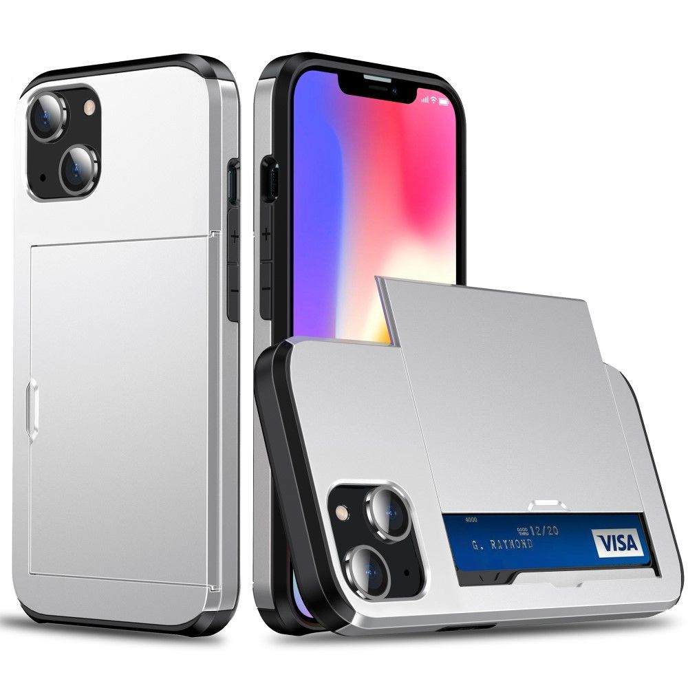 iPhone 15 Plus - SLIDE Hybrid cover med kortholder - Sølv