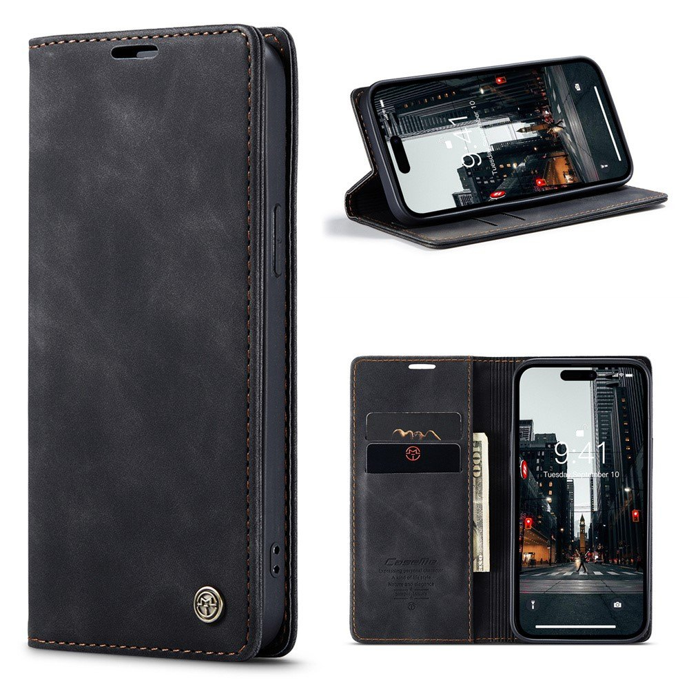 iPhone 15 Pro - CASEME retro læder cover / pung - Sort