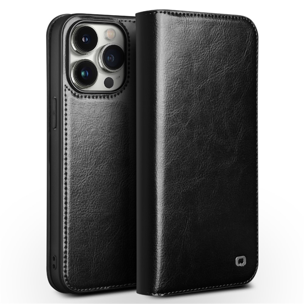 iPhone 15 Pro - QIALINO Classic ægte læder cover / pung - Sort