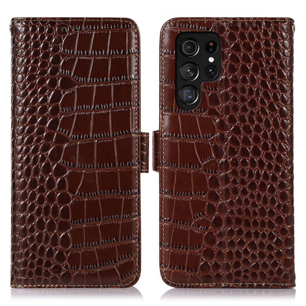 Samsung Galaxy S24 Ultra - RFID ægte læder cover- i krokodille design - Brun