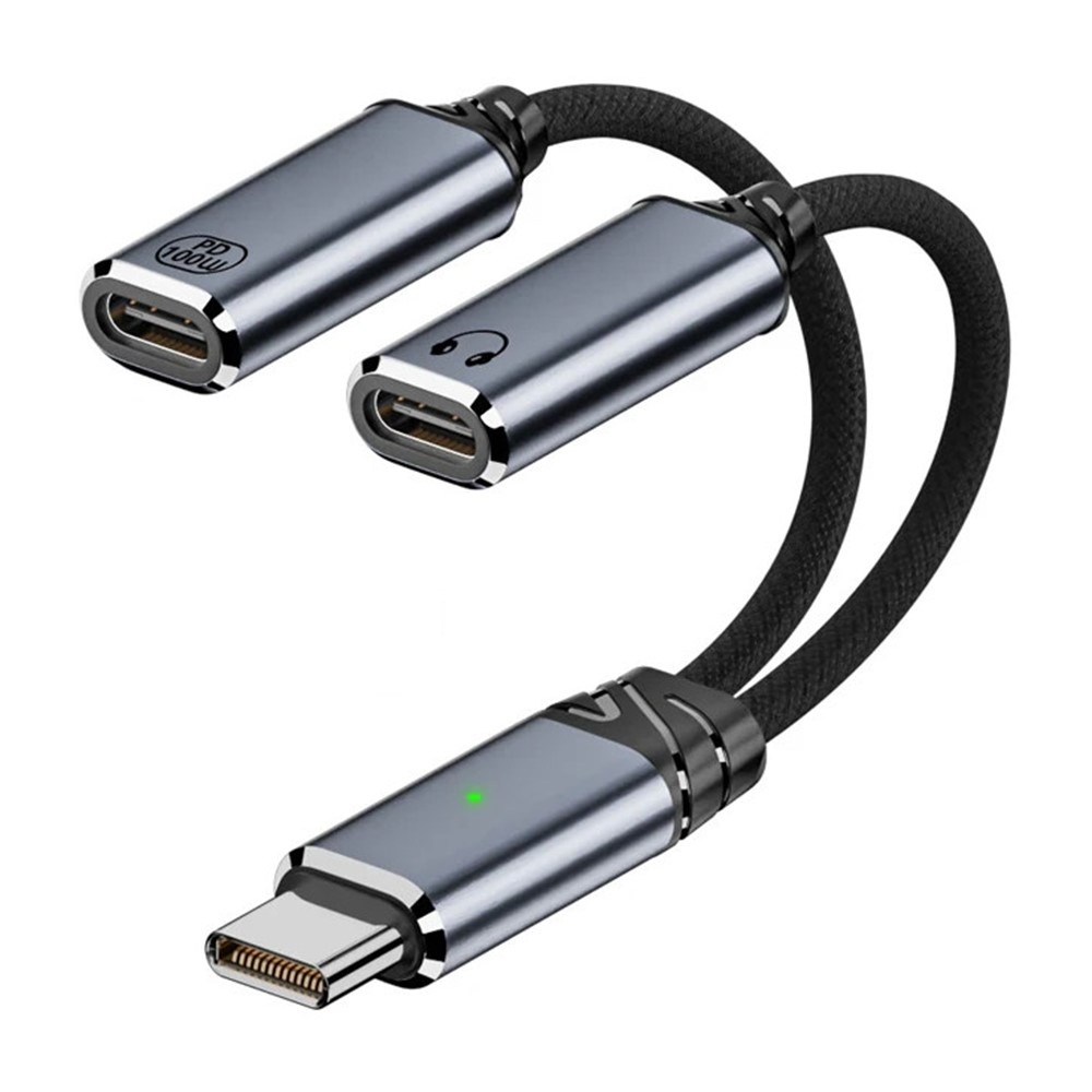 USB-C 2-i-1 Audio / oplader Adapter USB-C til Dual , PD 100W - Sort