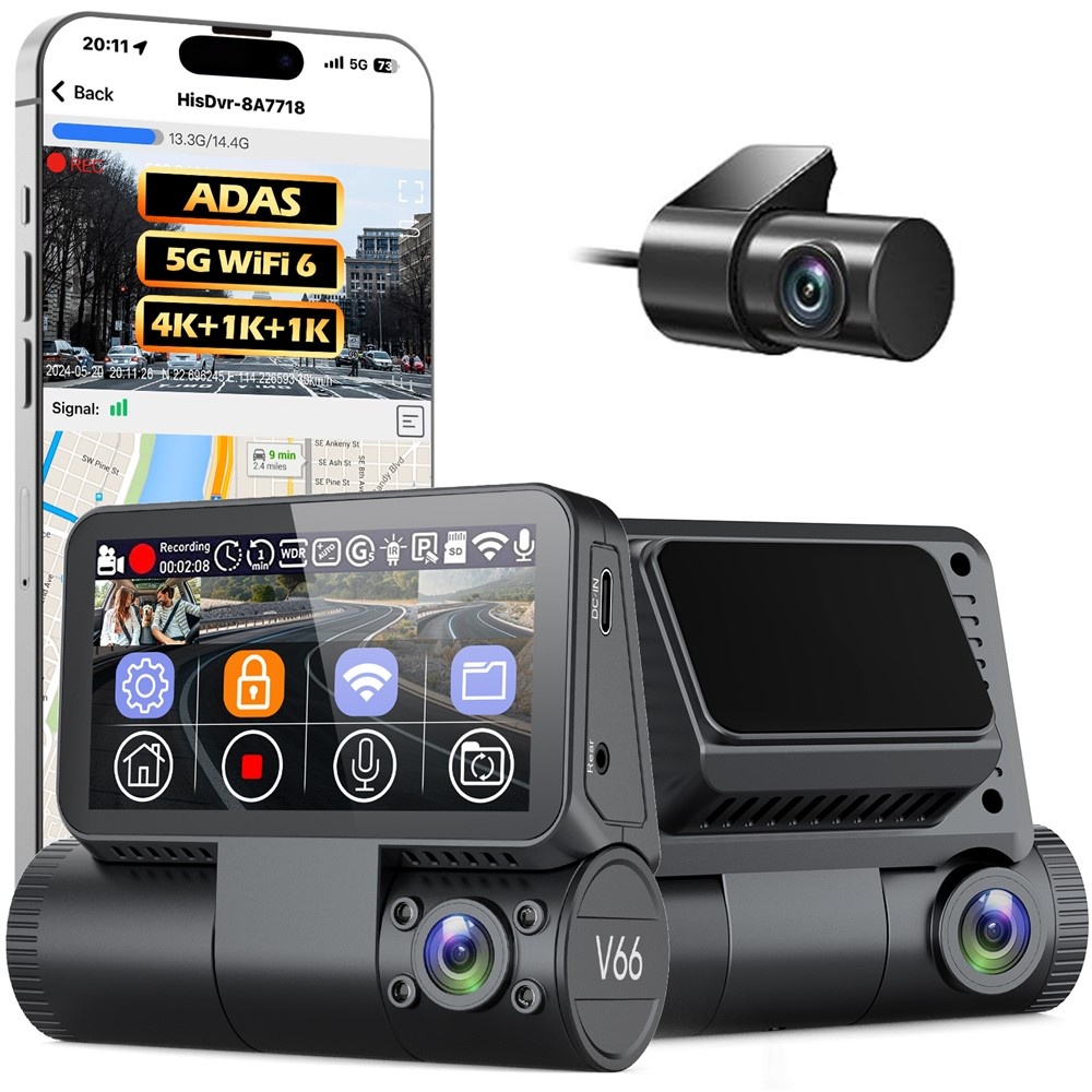 4K-dashcam med touchskærm – 3 kanaler (front, kabine, bag) – WiFi, GPS, ADAS, nattesyn – Bil-DVR