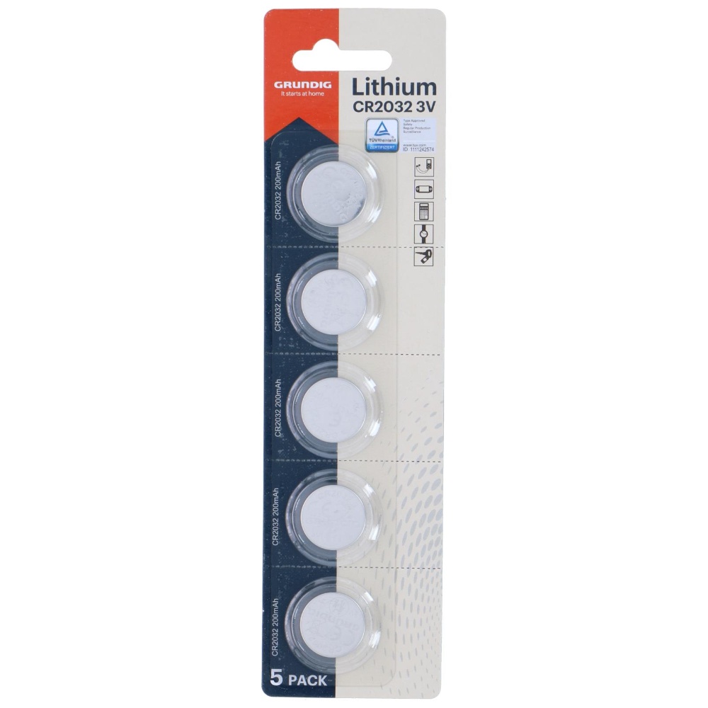 Grundig knapcellebatteri CR2032 / 200mAh - Pakke med 5 stk.