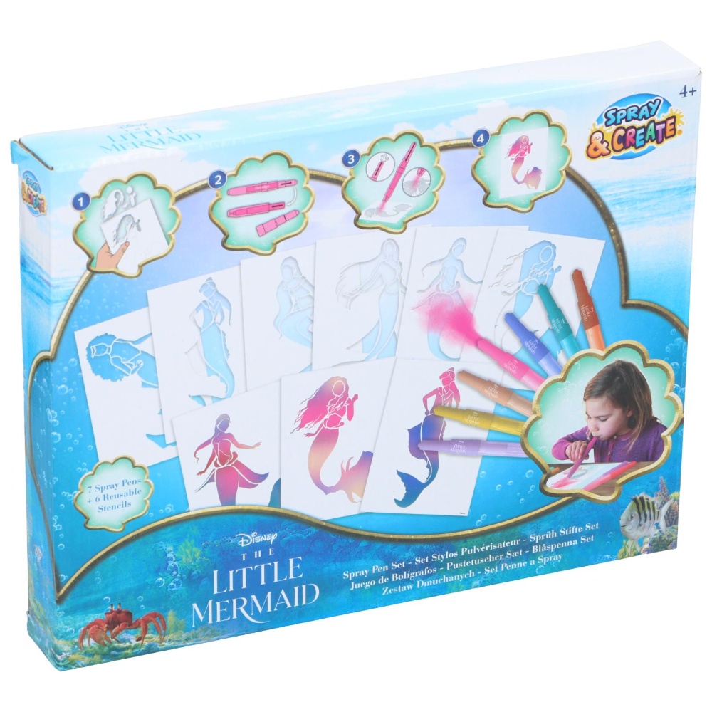 Disney Spray Pen Male Sæt Den lille Havfrue- 7 Penne Og 6 Skabeloner