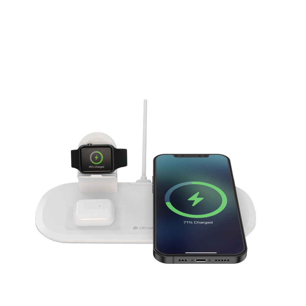 DEVIA 3-i-1 Trådløs oplader 15W til smartphone / Apple Watch / Airpods - Hvid