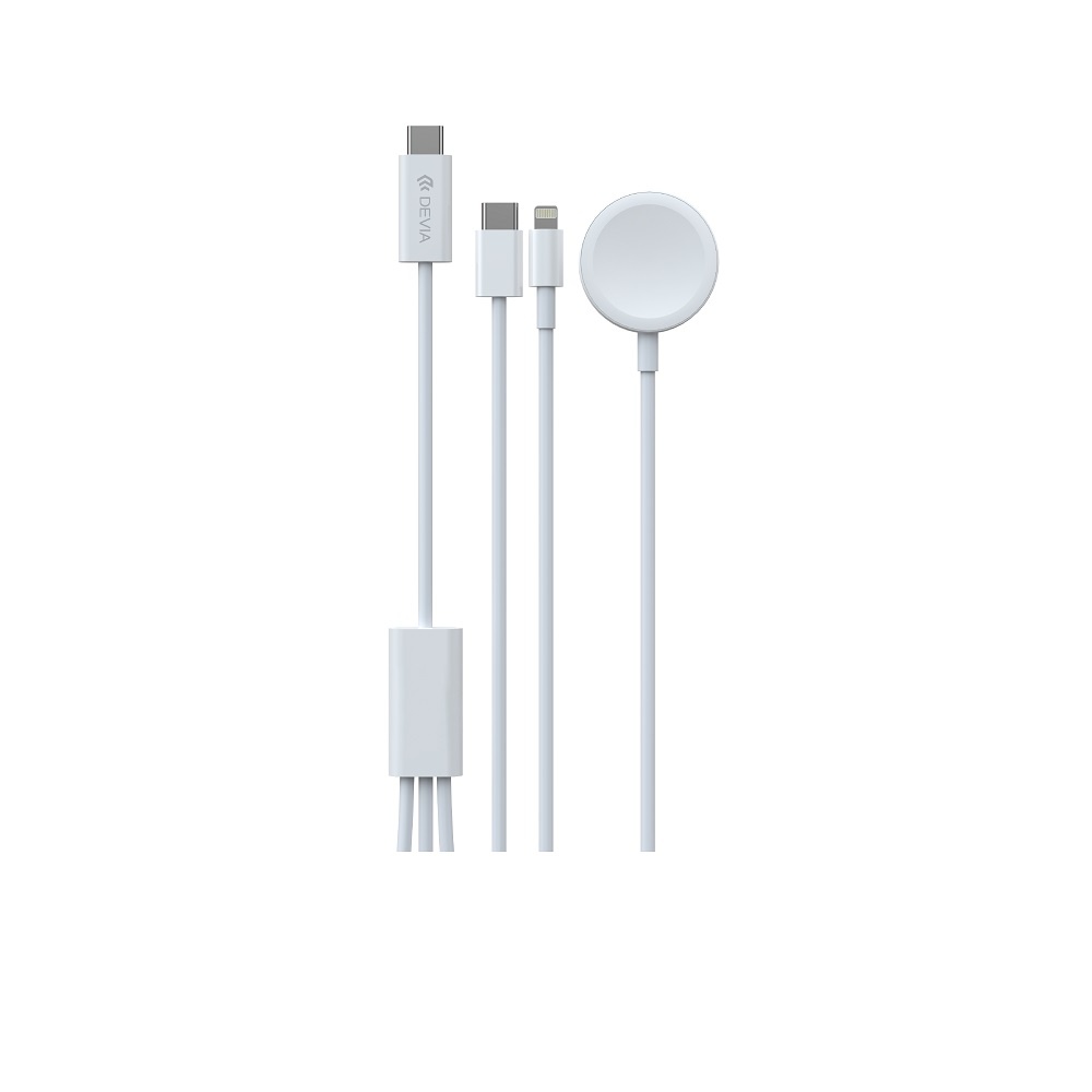 Devia 3-i-1 USB-C / Lightning kabel - m/Trådløs oplader til apple Watch - Hvid