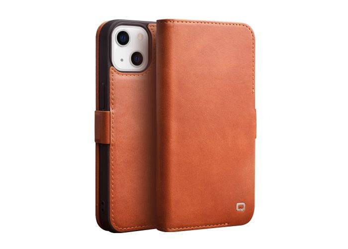 iPhone 13 - QIALINO Slim ægte læder cover - Lys brun
