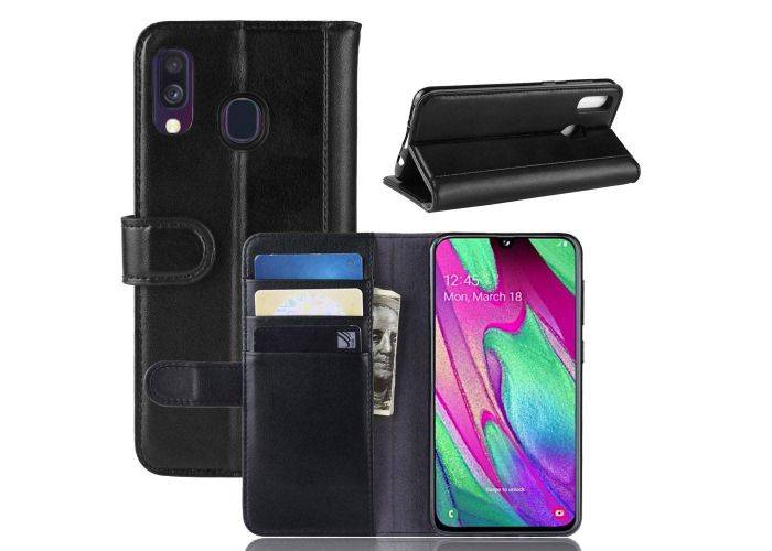 Samsung Galaxy A40 - Ægte læder cover / pung - Sort