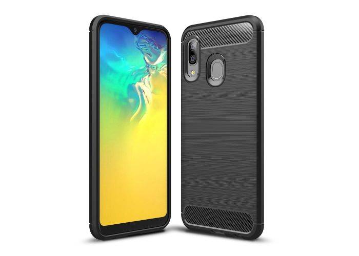 Samsung Galaxy A20E - Gummi cover/etui i Børstet Design - Sort