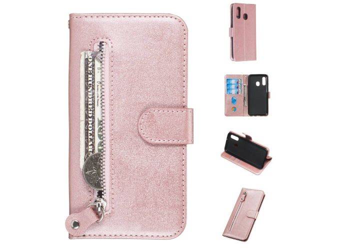 Samsung Galaxy A40 - Læder cover / pung med udvendig lomme - Rosa guld