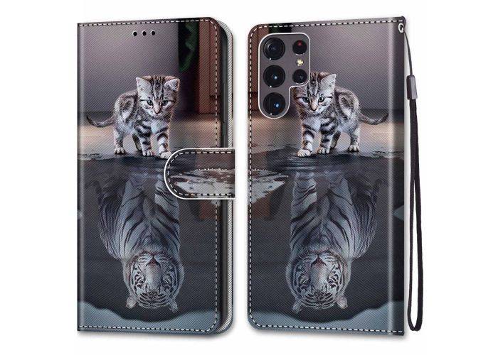 Samsung Galaxy S22 Ultra 5G - Læder cover / pung - Printet design - Kat/Tiger