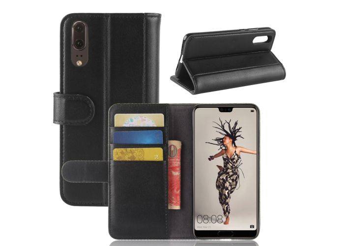 Huawei P20 - Ægte læder cover / pung - Sort