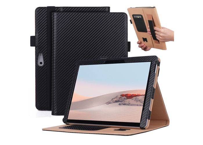 Microsoft Surface Go 2/3 - Læder cover med håndtag og kortholdere - Sort