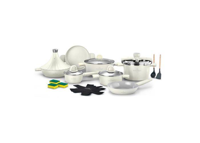 Swiss Haus Støbt alu Grydesæt i 20 dele - Alle typer kogeplader - Zurich Luxury Collection - Creme