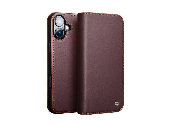 iPhone 16 - QIALINO ægte læder cover / pung - Mørkebrun