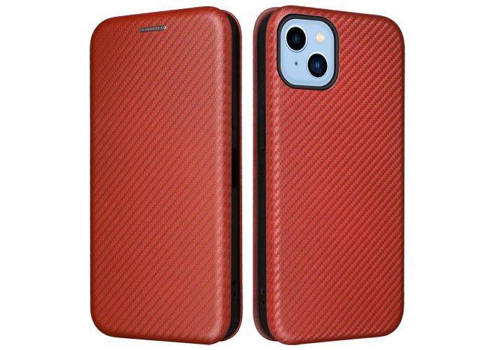 iPhone 14 - Flip cover med kortholder - Børstet design - Brun