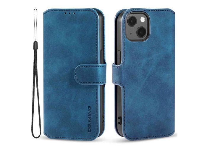 iPhone 14 - DG.MING læder cover / pung - Aftagelig rem - Blå