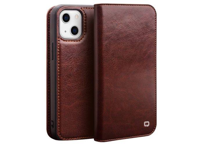 iPhone 14 - QIALINO "Classic" ægte læder cover / pung - Brun