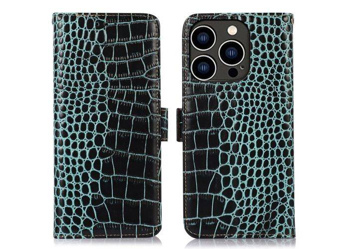 iPhone 16 Pro - RFID ægte læder cover - Krokodille look - Grøn
