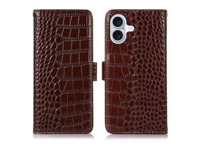 iPhone 16 - RFID ægte læder cover - Krokodille look - Brun