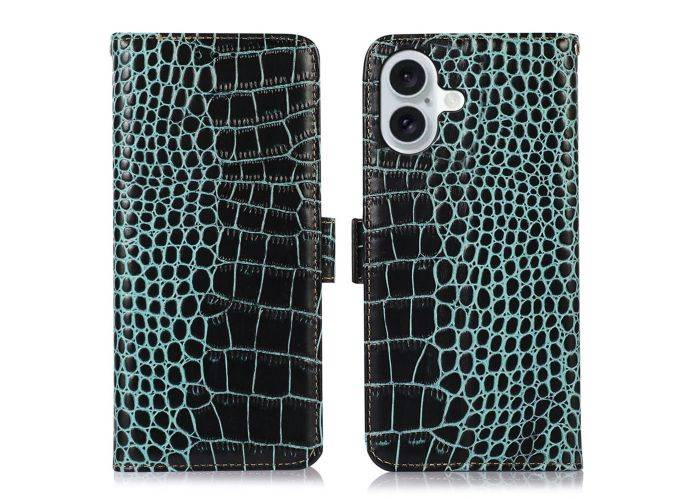 iPhone 16 - RFID ægte læder cover - Krokodille look - Grøn